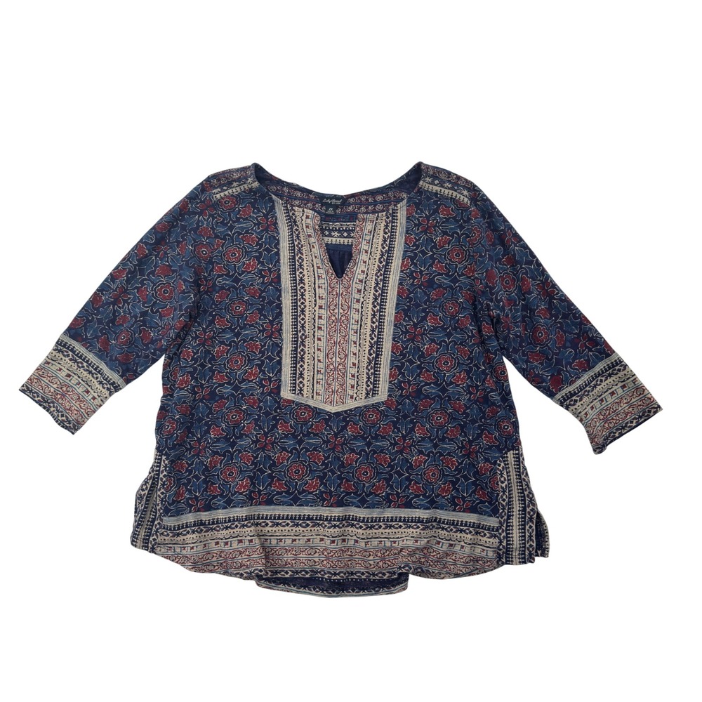 Lucky Brand Bohemian Tunic Top Womens 2X Blue Red Floral Print 3/4 Sleeve V Neck